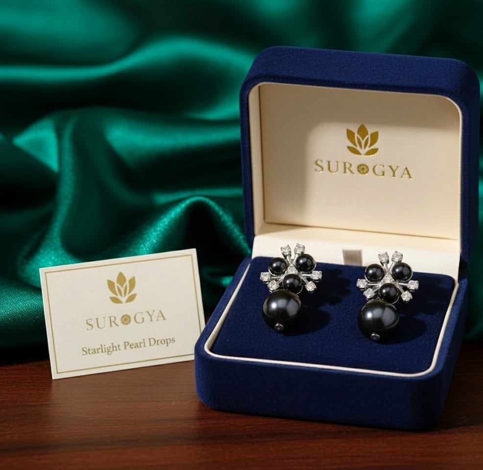 Surogya Starlight Pearl Drops - Black Pearl & Crystal Stud Earrings