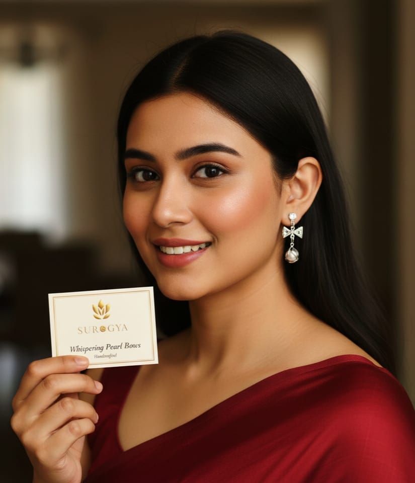 Surogya Whispering Pearl Bows Handcrafted Sterling Silver Drop Earrings