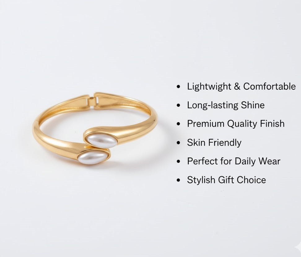 Surogya Anti-Tarnish Gold Bypass Bangle Bracelet with Faux Pearls - Hinged Cuff