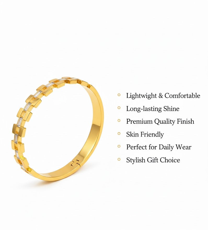 Women's Link Style Gold Bangle with Baguette Cut CZ Stones by Surogya