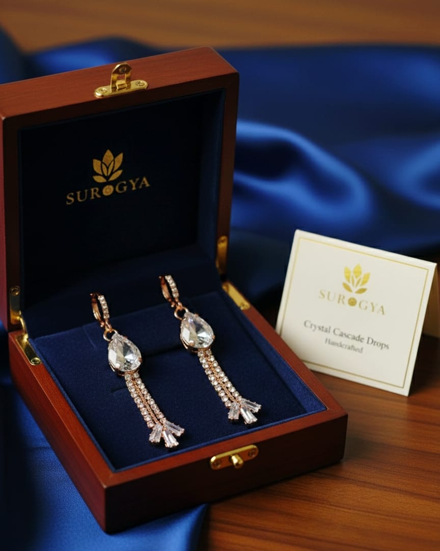 Crystal Cascade Drops Earrings - Handcrafted Rose Gold & White Zirconia