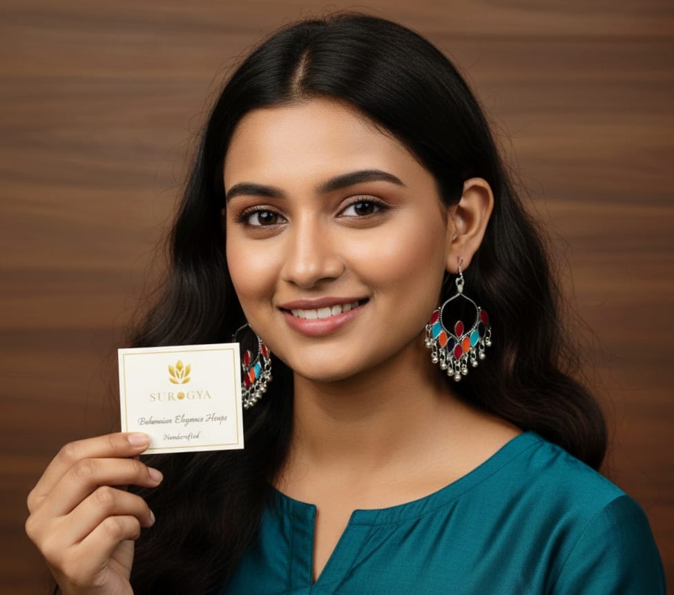 Surogya Bohemian Elegance Hoops - Handcrafted Oxidized Silver Look with Vibrant Enamel