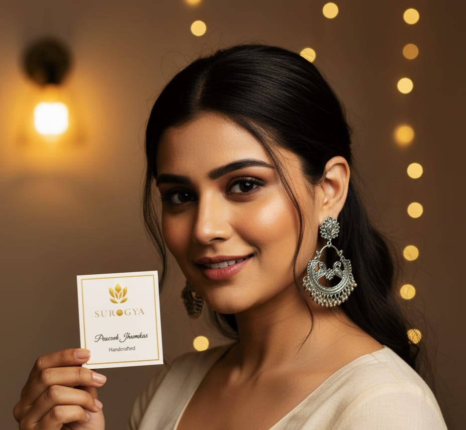 Oxidised Silver Peacock Design Jhumka Earrings by SUROGYA - Handcrafted