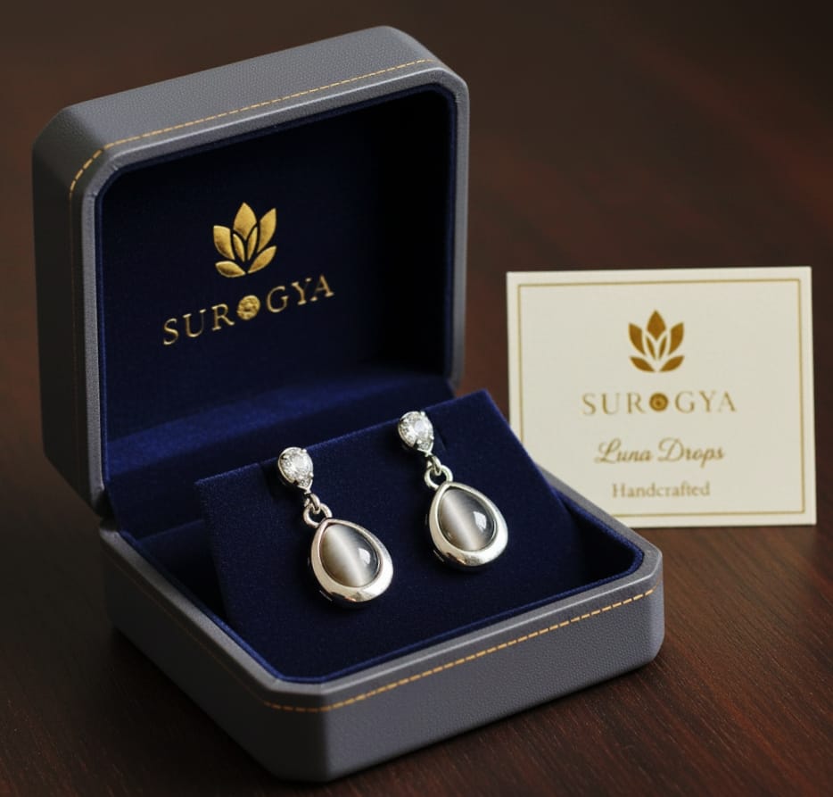 SUROGYA Luna Drops Handcrafted Grey Cat's Eye Stone Drop Earrings