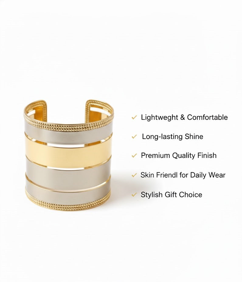 Two-Tone Gold Wide Cuff Bracelet for Women | Mixed Metal Open Bangle