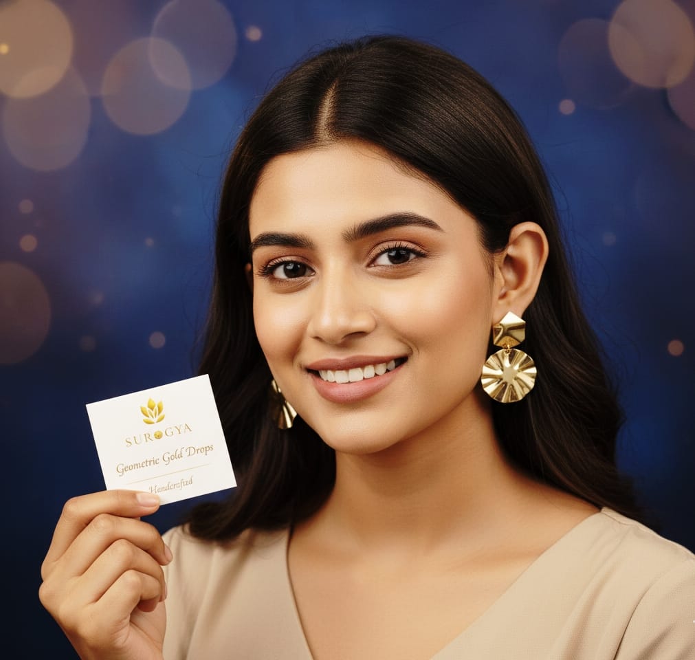 Surogya Geometric Gold Drops - Handcrafted Hexagon & Pleated Circle Earrings