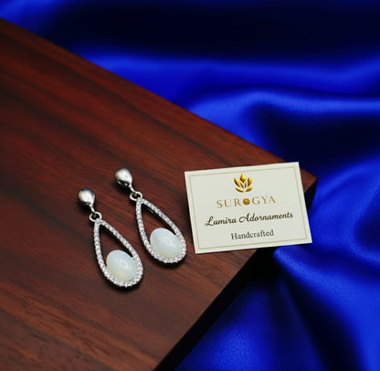 Surogya Lumira Adornments: White Opal & Zircon Handcrafted Drop Earrings