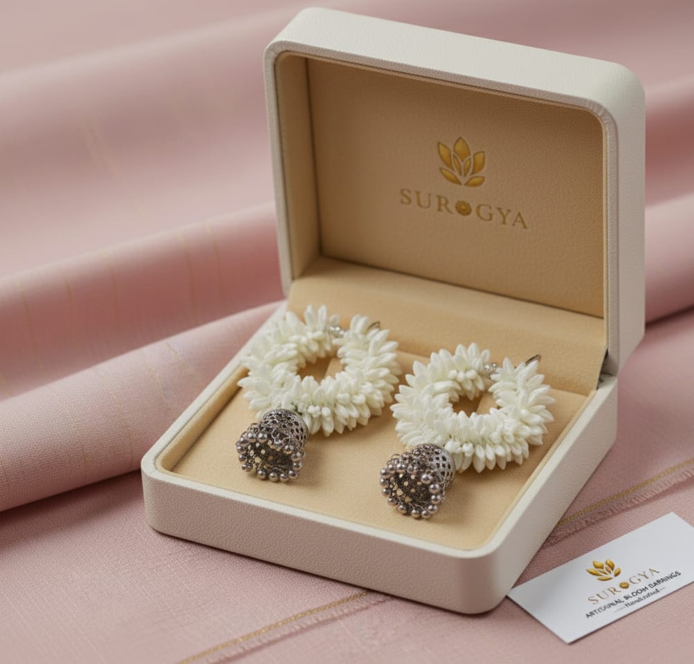 Surogya Artisanal White Bloom Fresh Flower Motif & Oxidized Silver Tone Jhumka Earrings