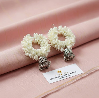 Surogya Artisanal White Bloom Fresh Flower Motif & Oxidized Silver Tone Jhumka Earrings