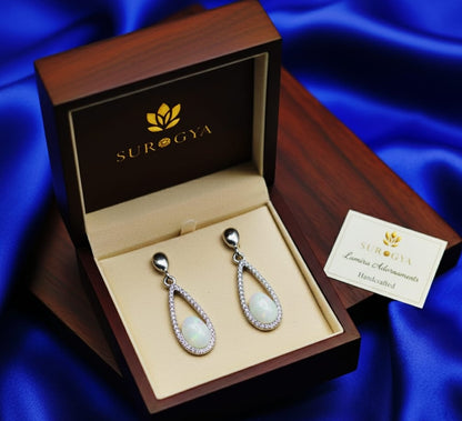 Surogya Lumira Adornments: White Opal & Zircon Handcrafted Drop Earrings