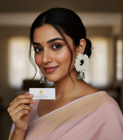 Surogya Artisanal White Bloom Fresh Flower Motif & Oxidized Silver Tone Jhumka Earrings