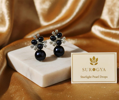 Surogya Starlight Pearl Drops - Black Pearl & Crystal Stud Earrings