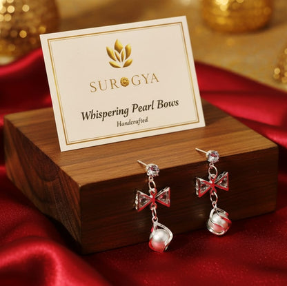 Surogya Whispering Pearl Bows Handcrafted Sterling Silver Drop Earrings