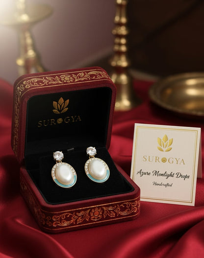 Azure Moonlit Drops Earrings - Mother of Pearl & Teal Enamel