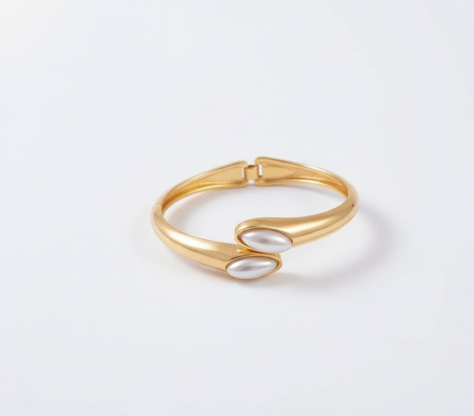 Surogya Anti-Tarnish Gold Bypass Bangle Bracelet with Faux Pearls - Hinged Cuff