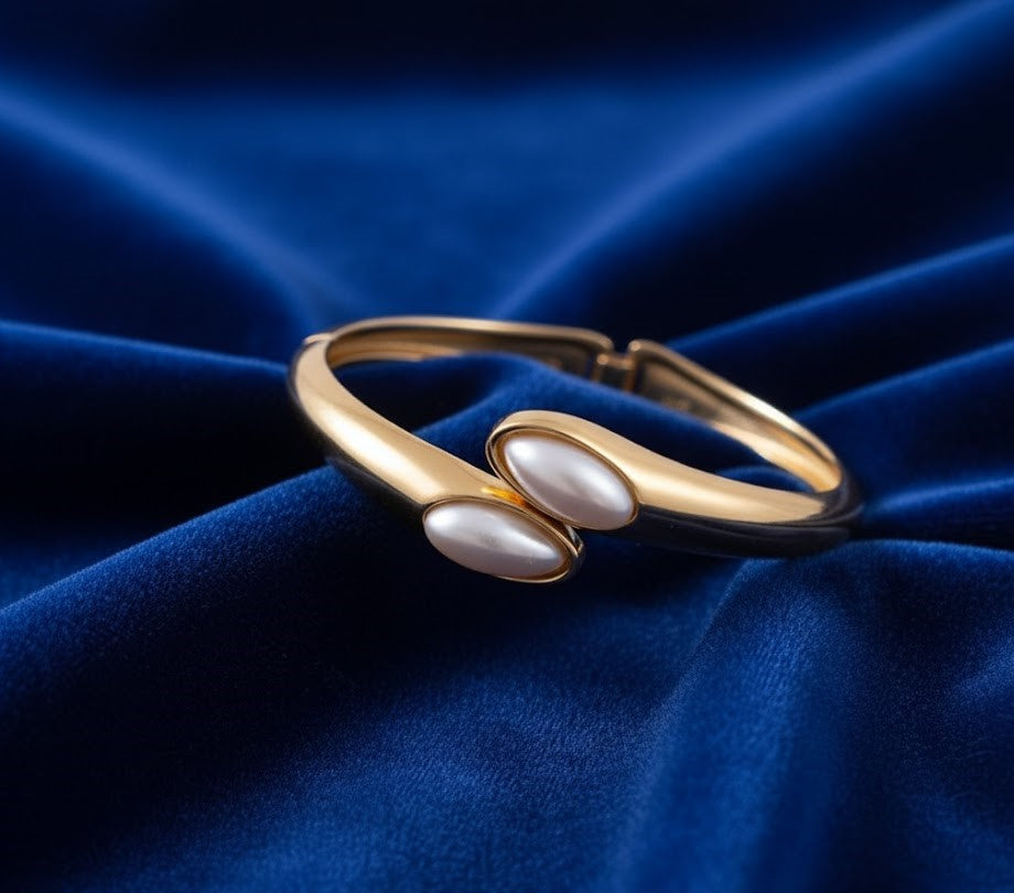 Surogya Anti-Tarnish Gold Bypass Bangle Bracelet with Faux Pearls - Hinged Cuff