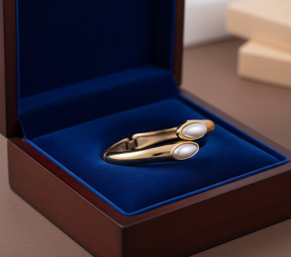 Surogya Anti-Tarnish Gold Bypass Bangle Bracelet with Faux Pearls - Hinged Cuff