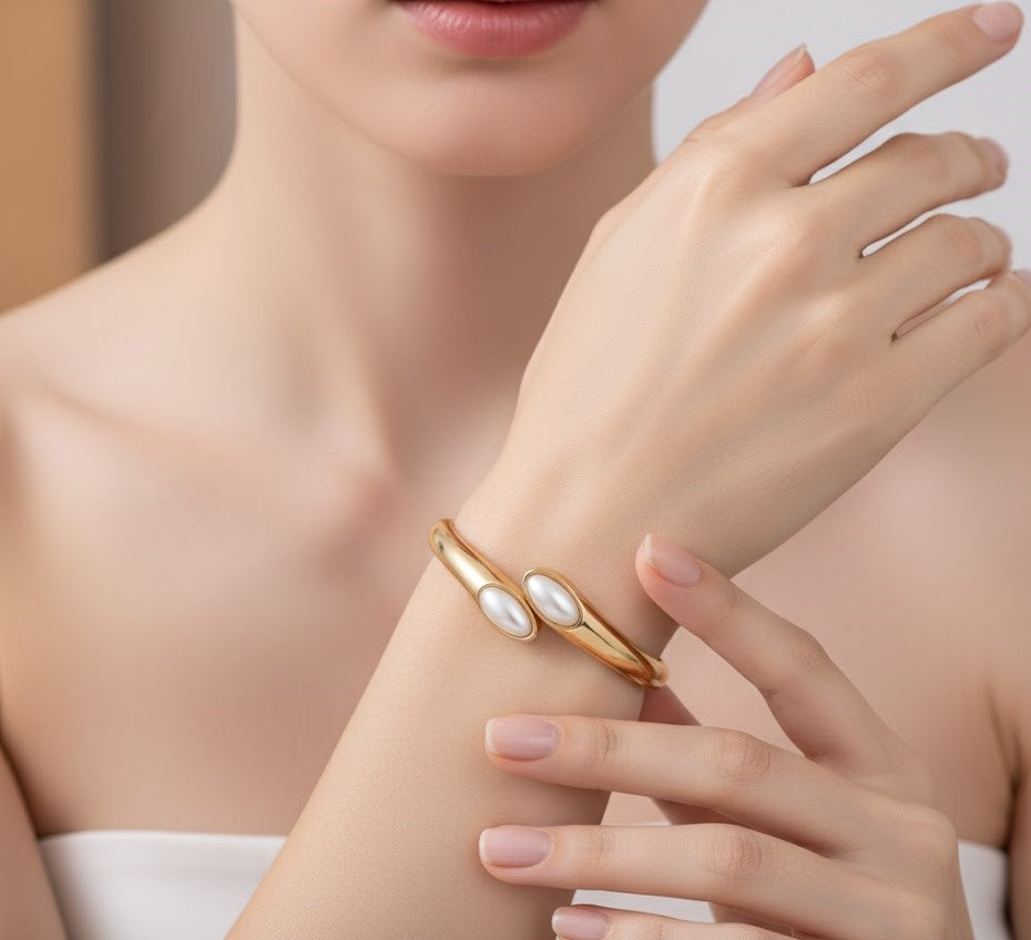 Surogya Anti-Tarnish Gold Bypass Bangle Bracelet with Faux Pearls - Hinged Cuff