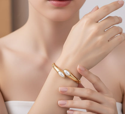 Surogya Anti-Tarnish Gold Bypass Bangle Bracelet with Faux Pearls - Hinged Cuff