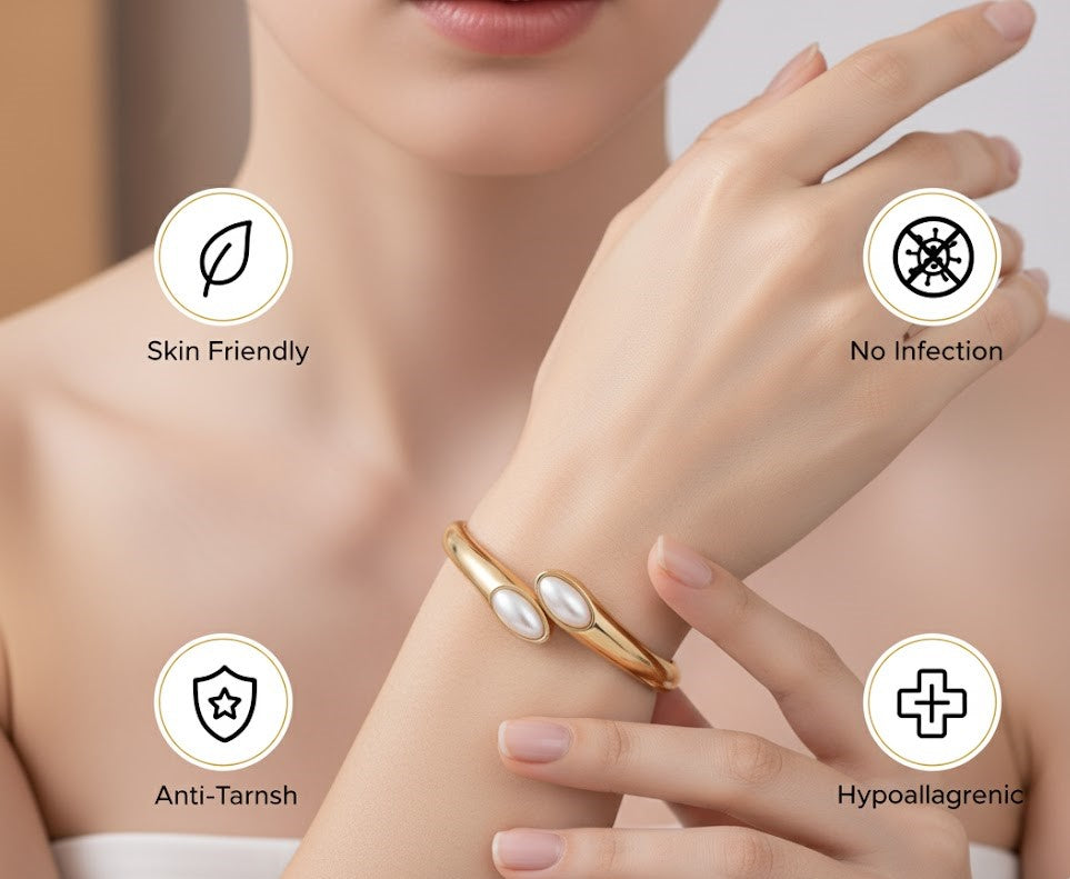 Surogya Anti-Tarnish Gold Bypass Bangle Bracelet with Faux Pearls - Hinged Cuff