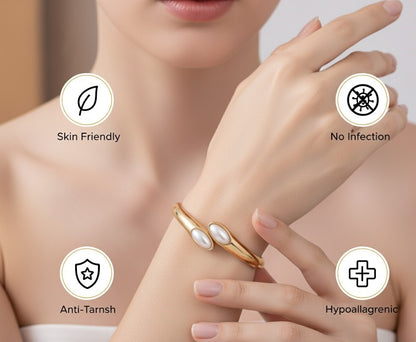 Surogya Anti-Tarnish Gold Bypass Bangle Bracelet with Faux Pearls - Hinged Cuff