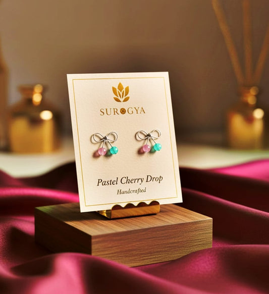 Pastel Cherry Drop Bow Stud Earrings | Handcrafted Gemstone Jewelry
