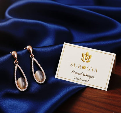 Elegant Rose Gold Plated Teardrop Earrings with Cat's Eye Stone and Cubic Zirconia - Eternal Whisper by SUROGYA