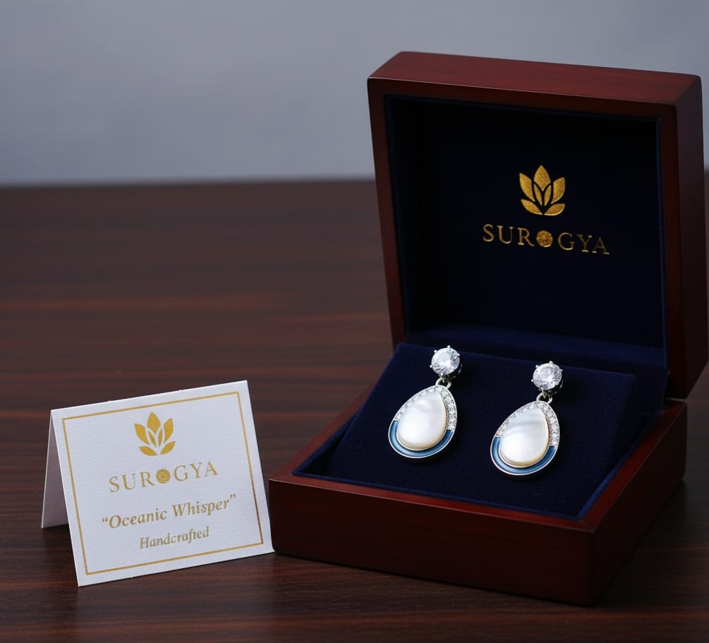 "Oceanic Whisper" Handcrafted Mother of Pearl & Diamond Accent Drop Earrings by SUROGYA
