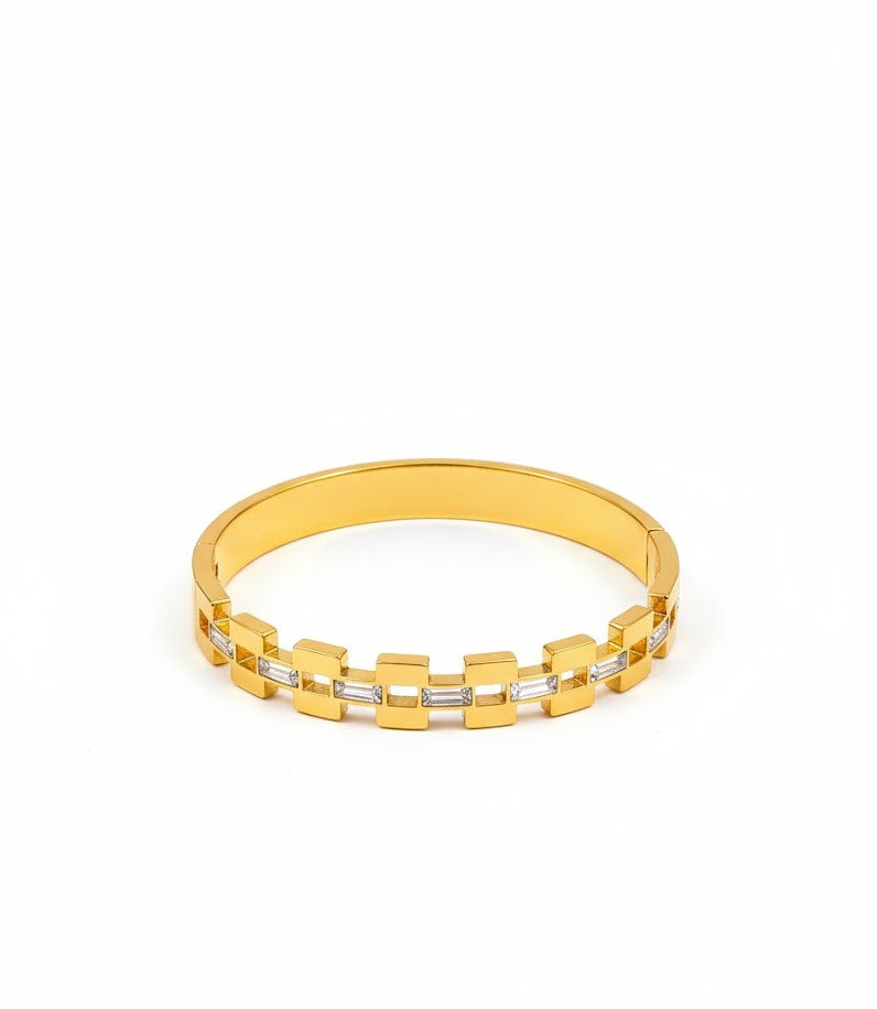 Women's Link Style Gold Bangle with Baguette Cut CZ Stones by Surogya