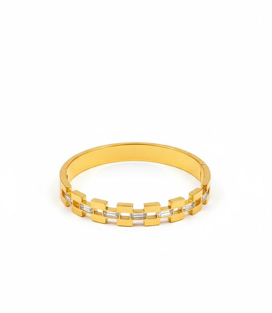 Women's Link Style Gold Bangle with Baguette Cut CZ Stones by Surogya