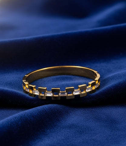 Women's Link Style Gold Bangle with Baguette Cut CZ Stones by Surogya