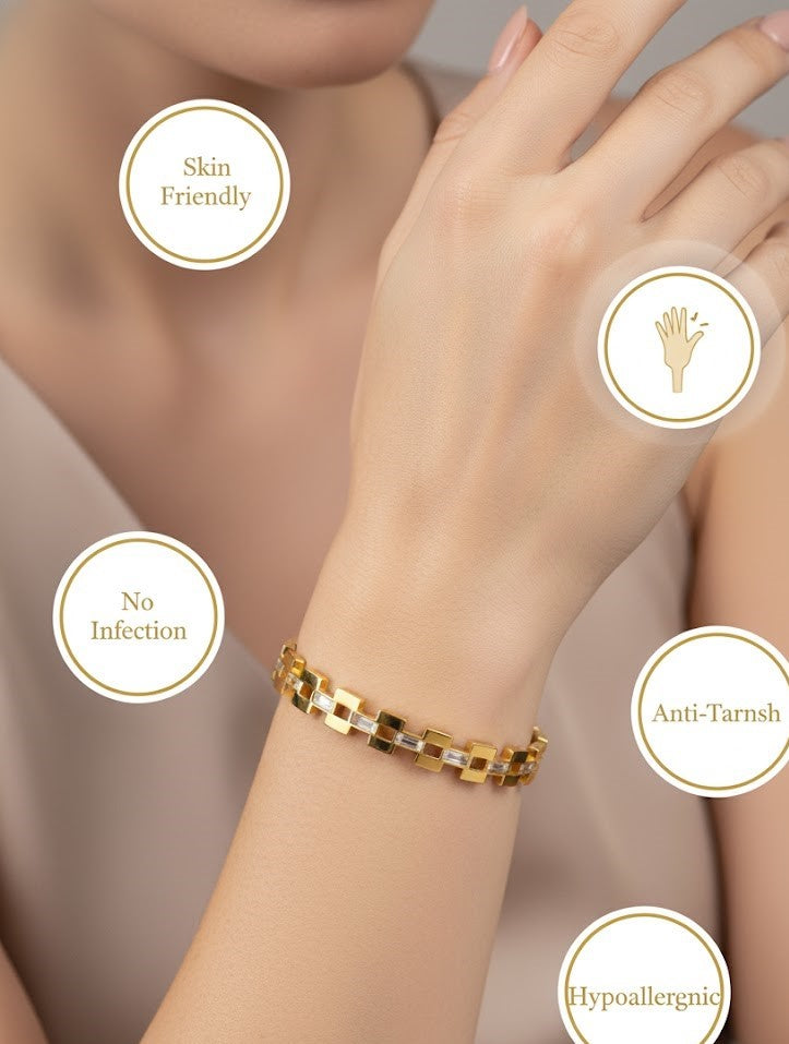 Women's Link Style Gold Bangle with Baguette Cut CZ Stones by Surogya