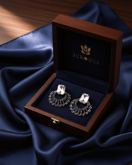 SURGYA 'Celestial Halo' Statement Earrings with Central Crystal and Multi-Stone Filigree