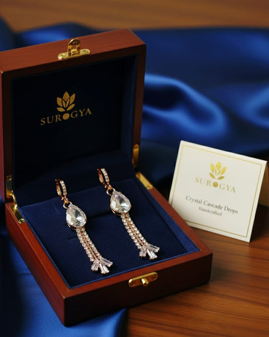 Crystal Cascade Drops Earrings - Handcrafted Rose Gold & White Zirconia