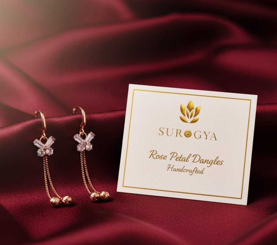 "Surogya" Rose Gold Plated Rose Petal Dangles - Handcrafted CZ Stone Earrings