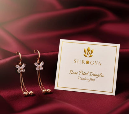 "Surogya" Rose Gold Plated Rose Petal Dangles - Handcrafted CZ Stone Earrings