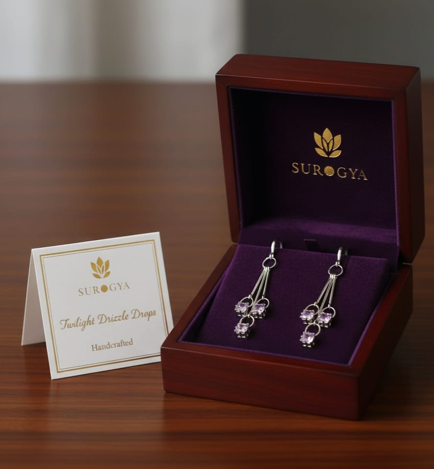 SURGYA Handcrafted 'Twilight Drizzle Drops' Sterling Silver & Cubic Zirconia Earrings