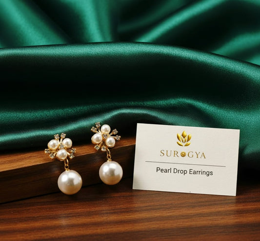 SURGYA Elegant Gold-Toned Pearl & Crystal Drop Earrings