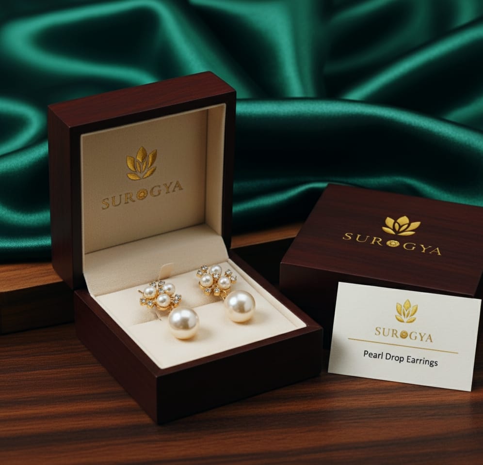 SURGYA Elegant Gold-Toned Pearl & Crystal Drop Earrings