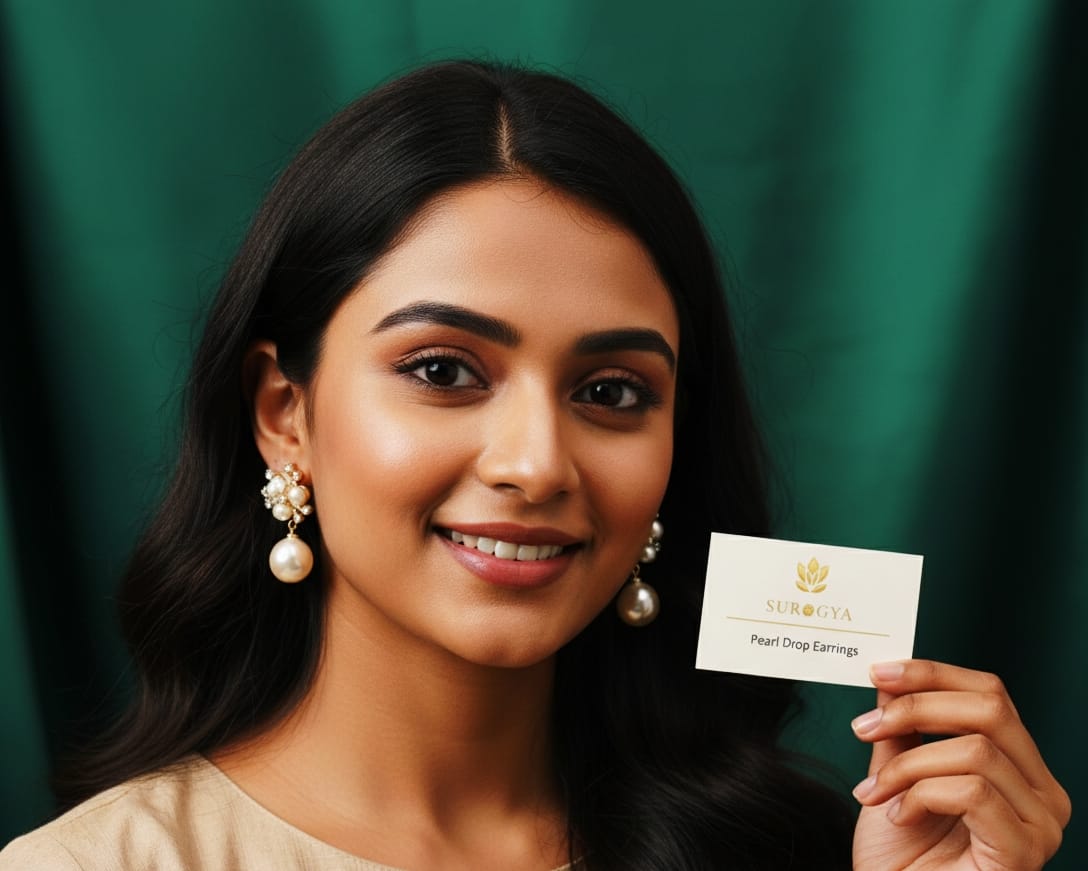 SURGYA Elegant Gold-Toned Pearl & Crystal Drop Earrings