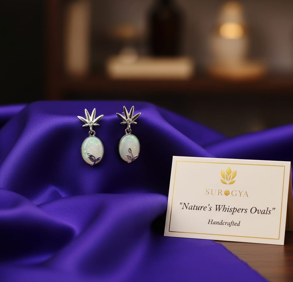 Whispers Ovals - Opal & Sterling Silver Leaf Drop Earrings by Surogya