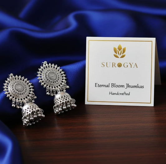 Eternal Bloom Oxidised Silver Jhumkas - Handcrafted Traditional Earrings