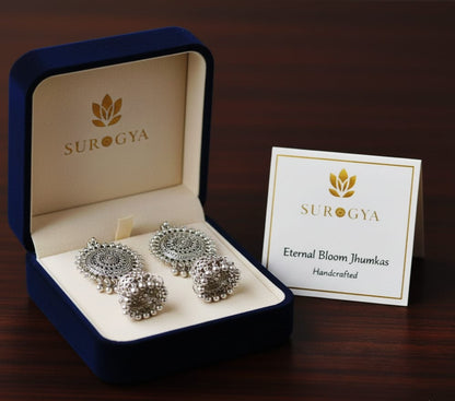 Eternal Bloom Oxidised Silver Jhumkas - Handcrafted Traditional Earrings