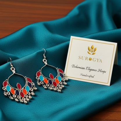 Surogya Bohemian Elegance Hoops - Handcrafted Oxidized Silver Look with Vibrant Enamel