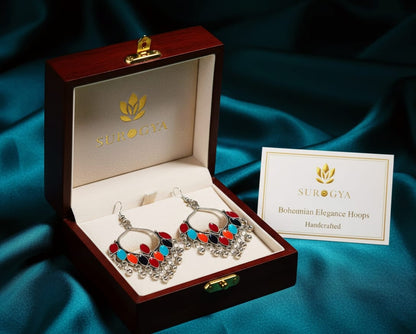 Surogya Bohemian Elegance Hoops - Handcrafted Oxidized Silver Look with Vibrant Enamel