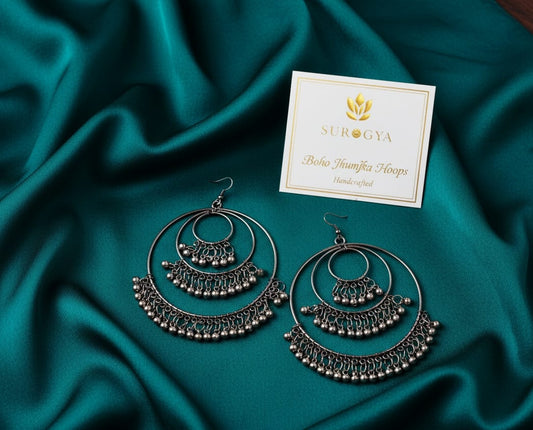 Oxidized Silver Boho Jhumka Hoops - Multi-Layered Danglers