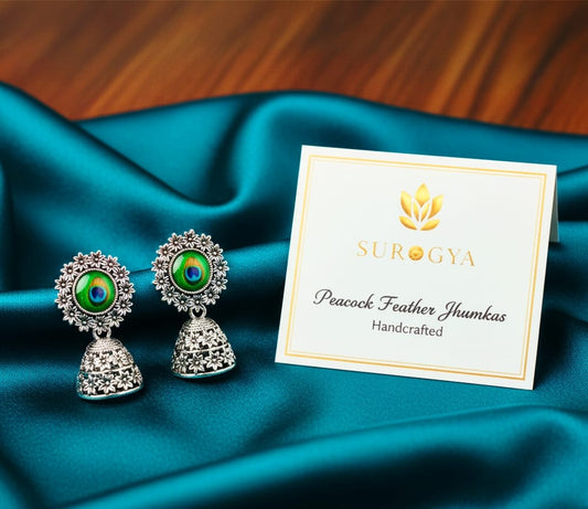 Handcrafted Oxidized Peacock Feather Jhumkas | Traditional Indian Bell Earrings