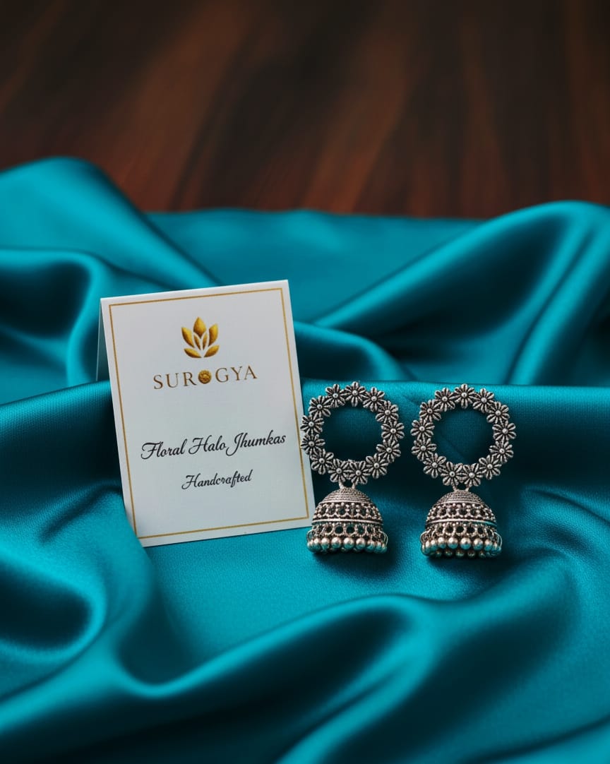 Oxidised Silver Floral Halo Jhumkas - Handcrafted Traditional Earrings