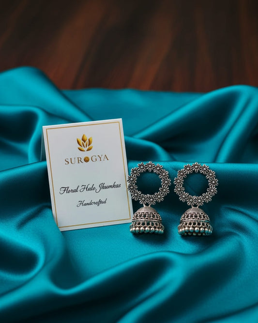 Oxidised Silver Floral Halo Jhumkas - Handcrafted Traditional Earrings