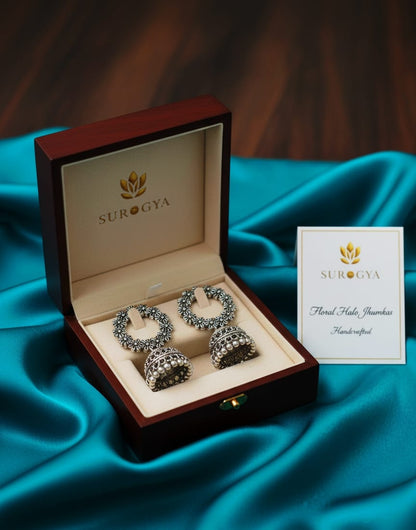 Oxidised Silver Floral Halo Jhumkas - Handcrafted Traditional Earrings